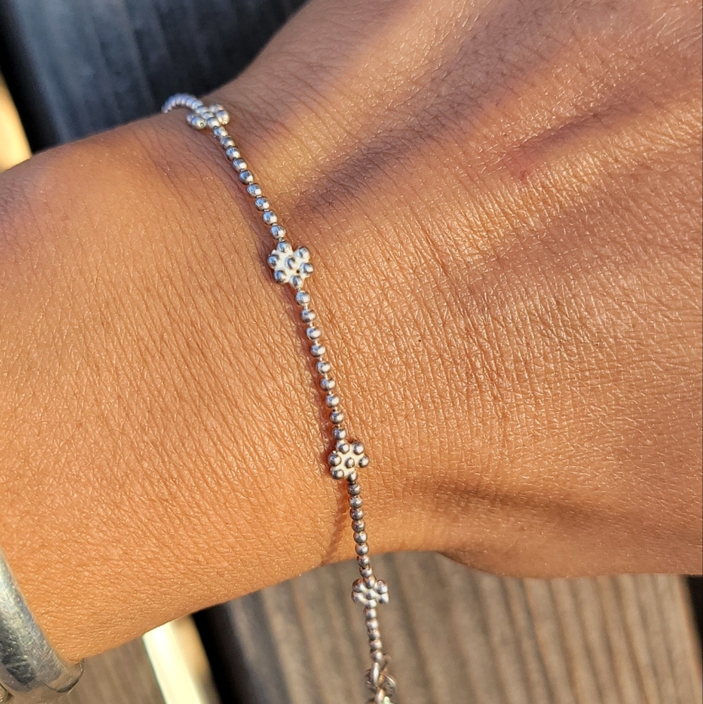 Dainty and unique solid 925 sterling silver ball bead flower clusters bracelet